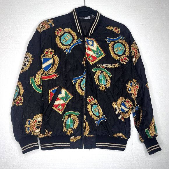 Anne Klein II Vintage Crest Motif Baroque Silk Quilted Bomber Jacket size medium